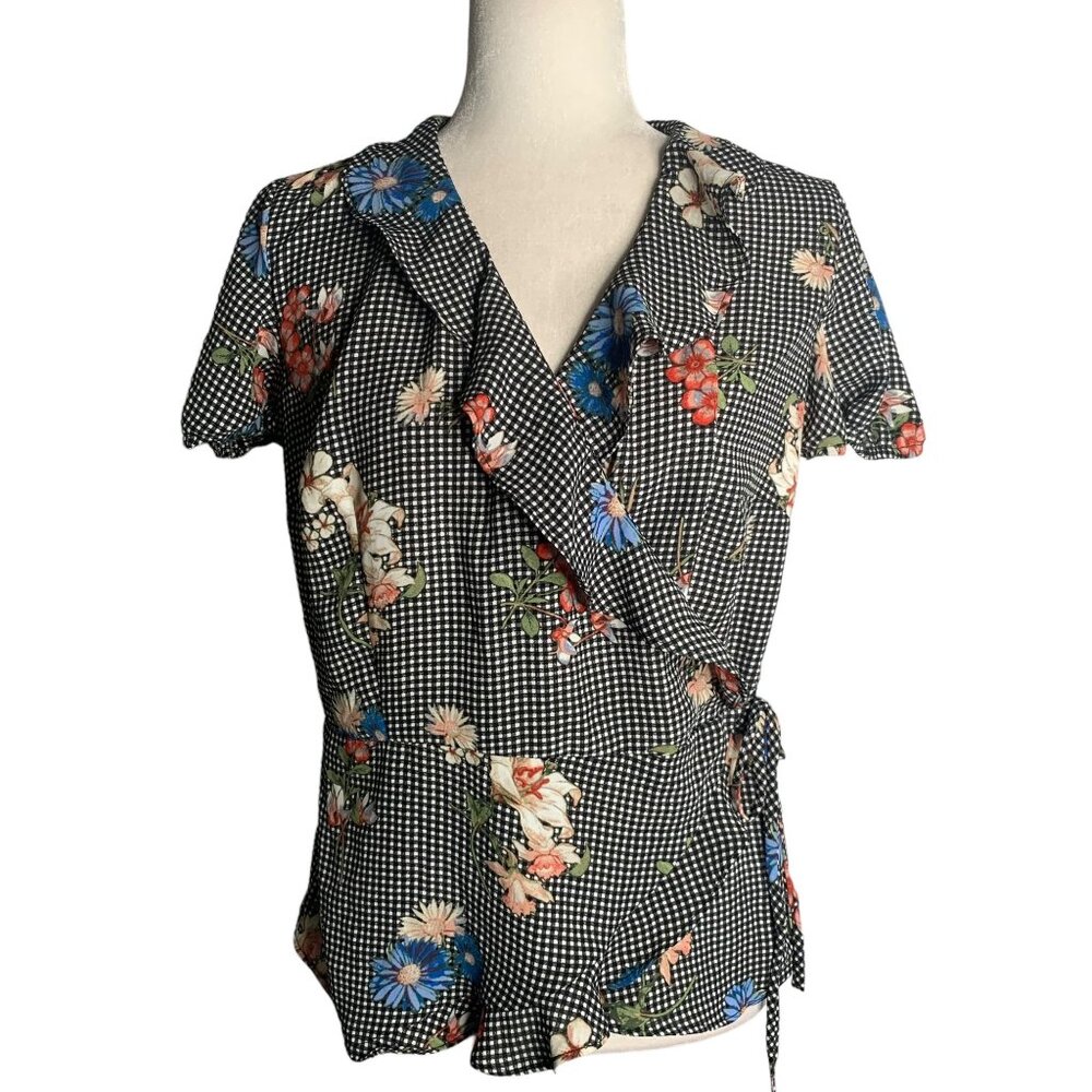 Maurices Black Checkered Wrap Top Medium Floral Ruffle Peplum Puff Sleeve